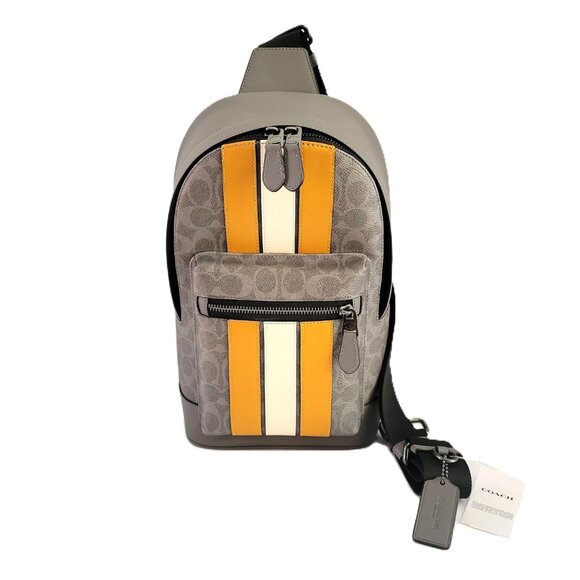 Coach CV923 West Pack Signature Canvas Varsity Sling Bag Grey Ochre Chalk - Picture 2 of 7